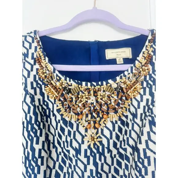 Anthropologie Beaded Blue and White Maison Souers Dress Size 4 Petite - Picture 5 of 11